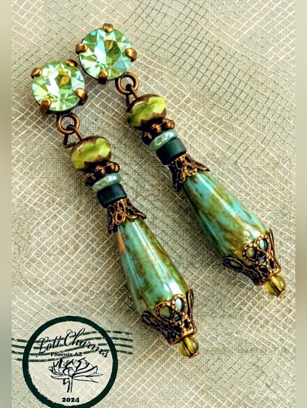 Victorian Apple Peridot Green Swarovski Crystal & Glass Earrings In Brass
